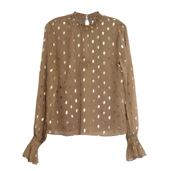 Endless Rose Metallic Foil Dot Ruffle Blouse Brown Gold Sheer Long Sleeve Size S - Picture 2 of 8